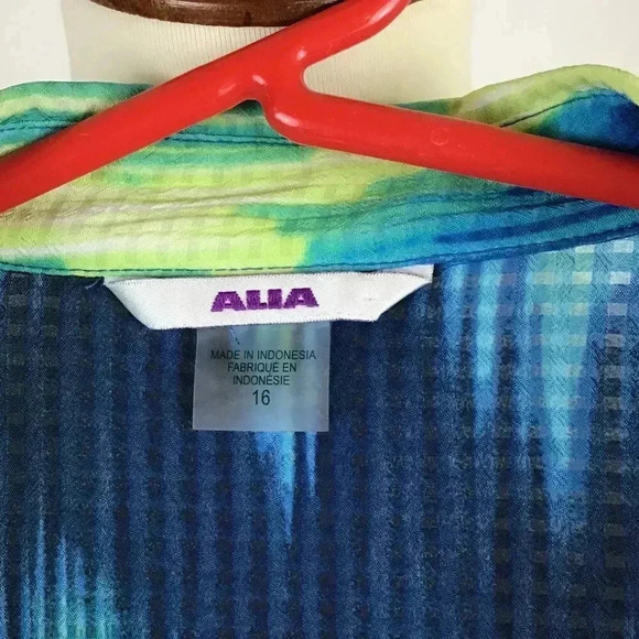 Alia Sheer Gingham Tye Die Button Down Top Shirt Blue Green Yellow Zigzag 16 - Picture 11 of 12